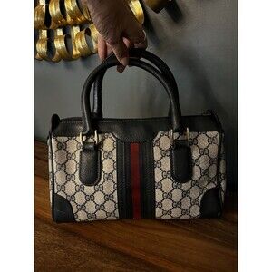 Auth. Vintage Gucci GG Monogram Navy Blue Boston Satchel Dr. Bag Purse Dustcover